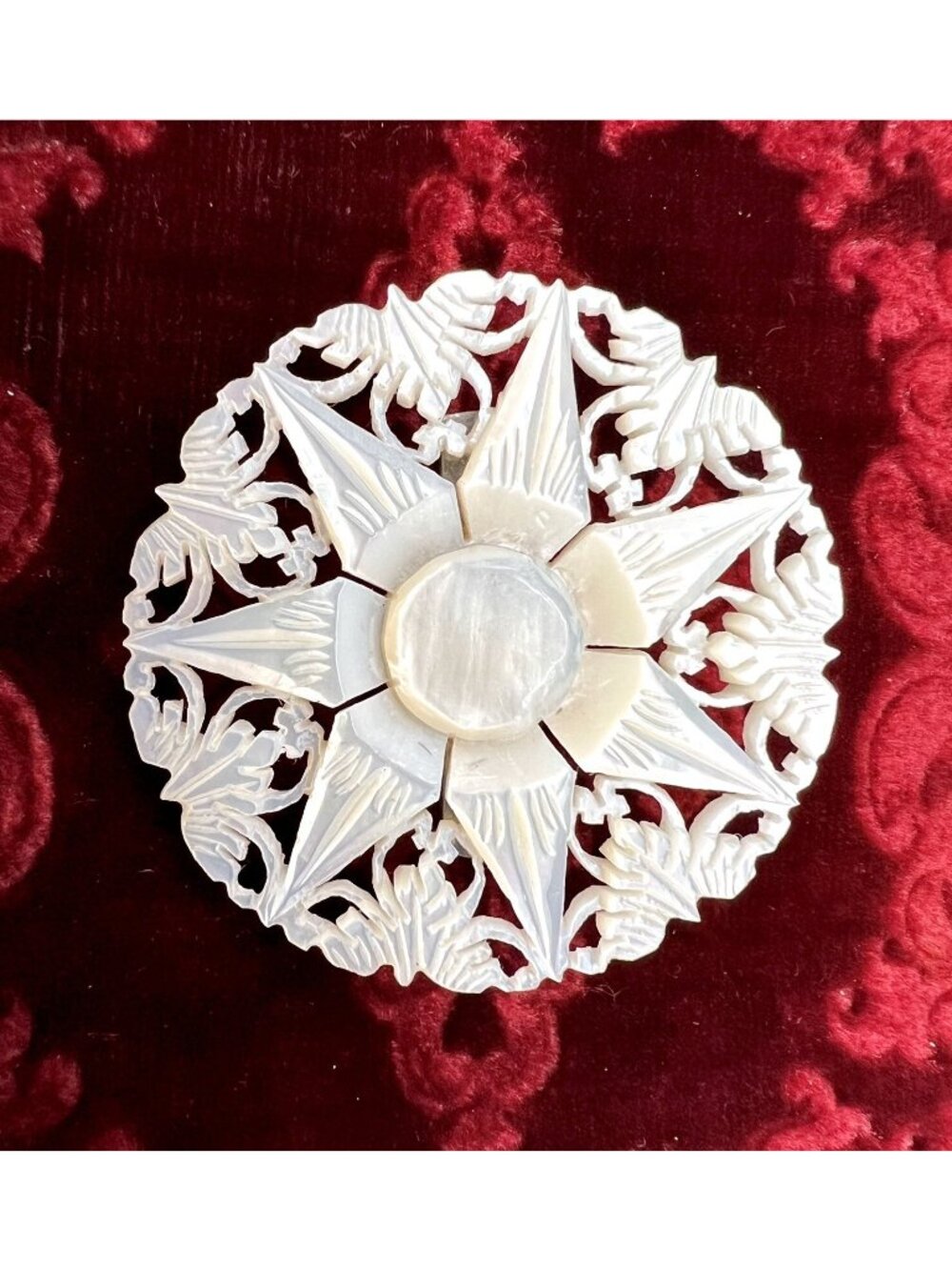 Vintage Carved Mother of Pearl Shell Bethlehem Brooch Pin